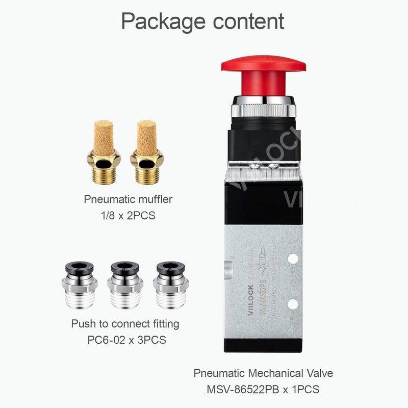 VIILOCK Pneumatic Mechanical Valve, 1/4” NPT 5 Way 2 Position Momentary Push Button Manual Control Air Valve MSV-86522PB - Image 5